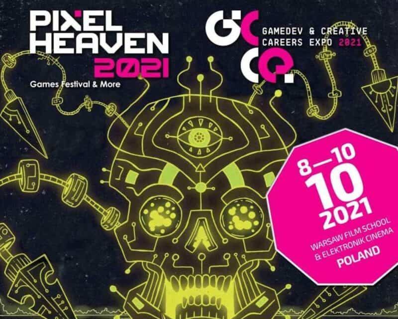 Plakat wydarzenia Pixel Heaven 2021, widoczna nazwa i data wydarzenia oraz stylizowana czaszka