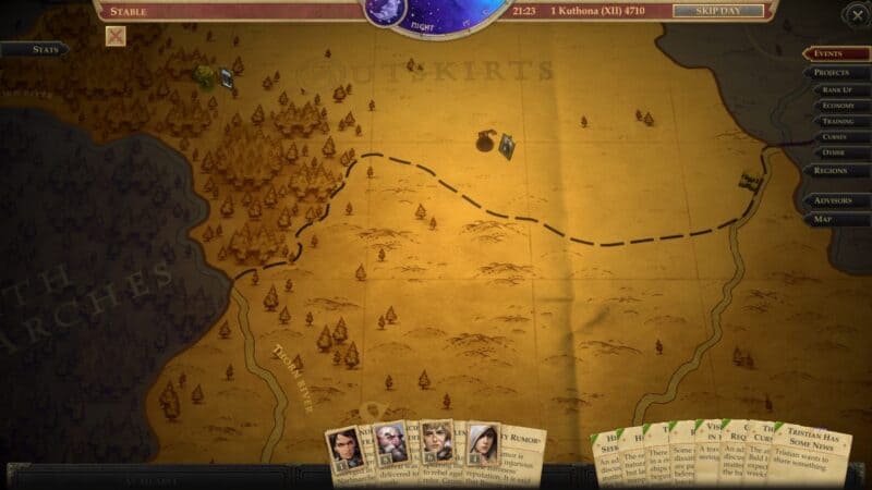 screen z gry, ekran zarządzania królestwem, zakładka wydarzeń, Pathfinder Kingmaker recenzja