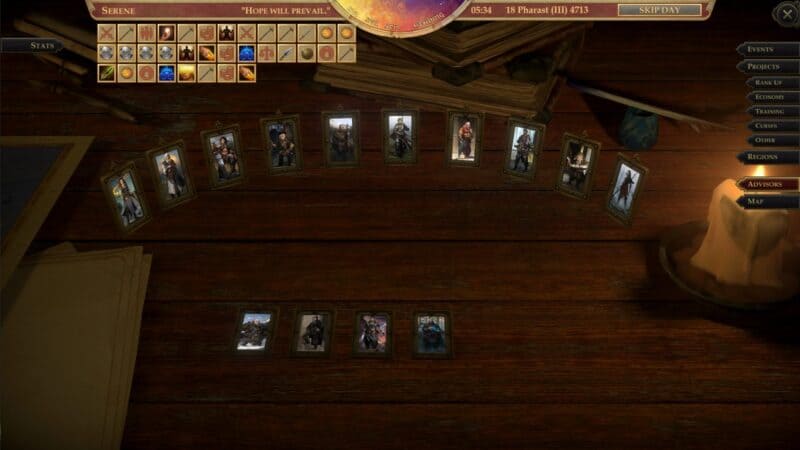 screen z gry, ekran zarądzania królestwem, zakładka doradców