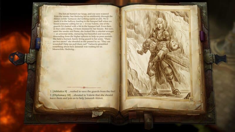 screen z gry, książkowa opowieść przedstawiająca pożar w posiadłości, Pathfinder Kingmaker recenzja