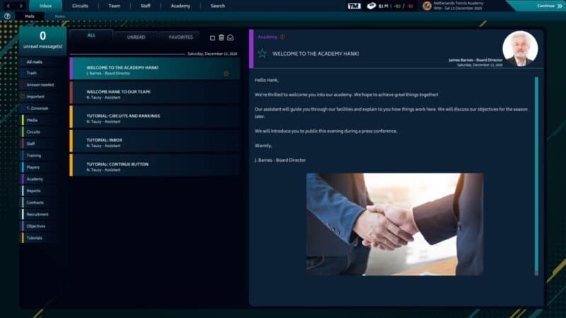 screen z gry Tennis Manager 2021, nasza skrzynka mailowa w grze, Tennis Manager 2021 recenzja