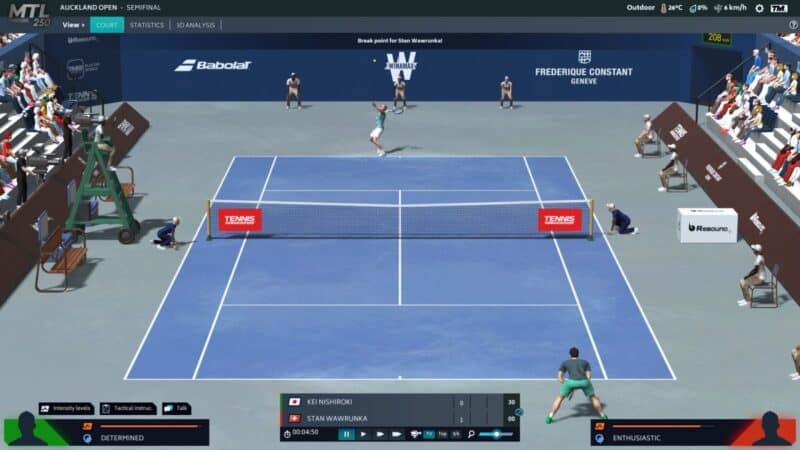 screen z gry, jeden zawodnik serwuje, drugi odbiera serwis