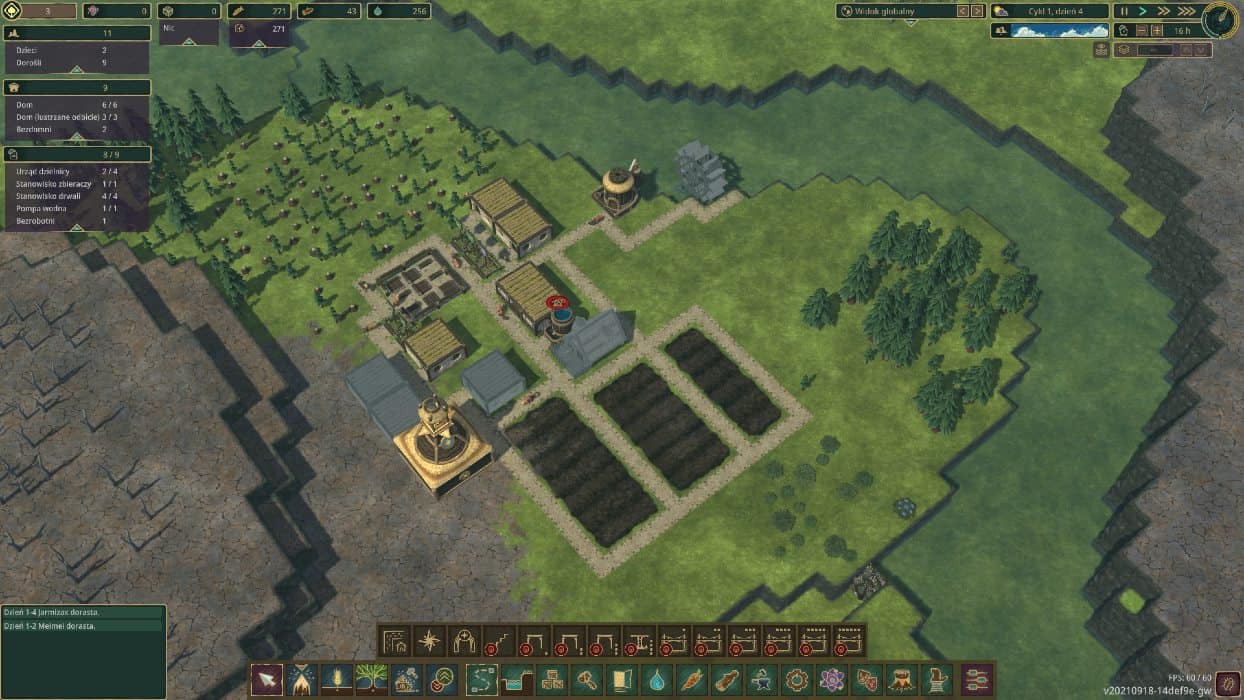 Timberborn rzut z góry na krainę i kilka domków