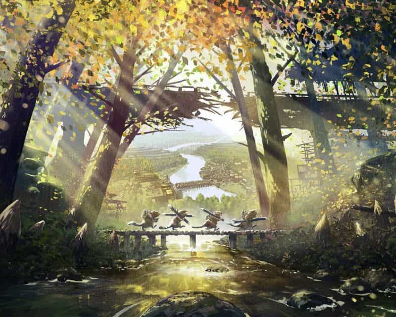 bobry przekraczają most nad rzeką, wokół wysokie drzewa, czyli logo Timberborn i wrażenia z gry