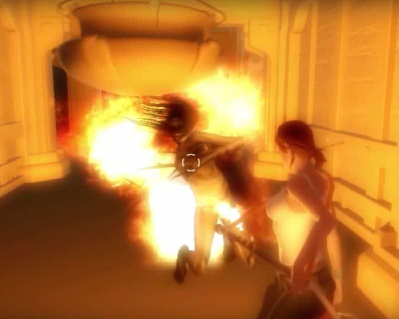Tomb Raider: Ascension - materiały - fragment, Lara Croft podpalająca potwora