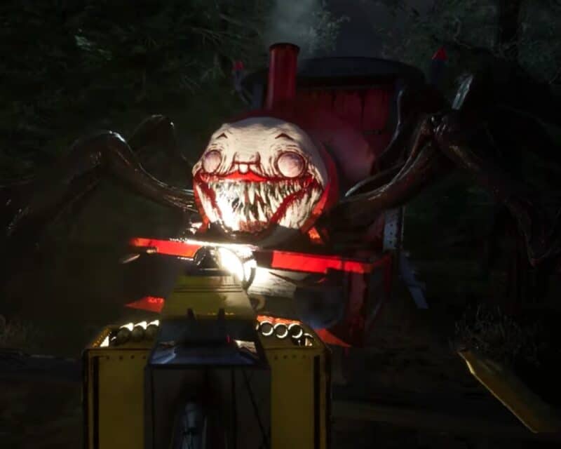 krwiożerczy pociąg z twarzą klauna Pennywise'a, czyli ostrymi zębiskami, żółtymi oczami i czerwonymi krwawymi maziajami na twarzy, z tułowiem i odnóżami pająka, z gry choo-chop charles
