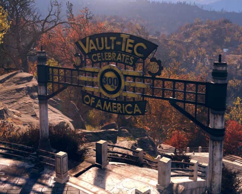 Fallout 76 za darmo. Na obrazku widoczna jest brama prowadząca do krypty 76.
