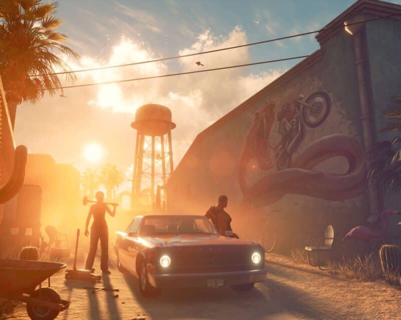 fragment rozgrywki saints row - plakat z gry, zachód słońca, samochód