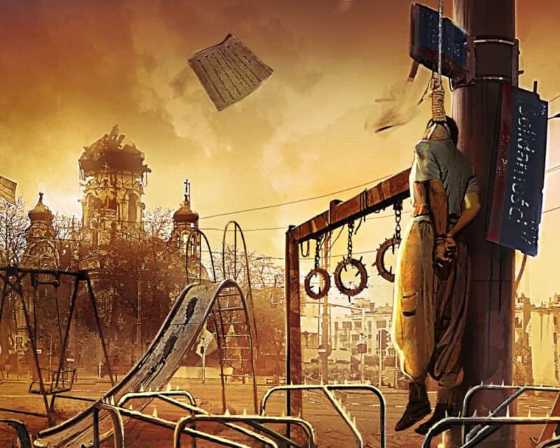 Komornik: Nieskruszony na nowym zwiastunie. Na obrazku widzimy człowieka powieszonego na placu zabaw. W tle majaczy zrujnowany kościół.