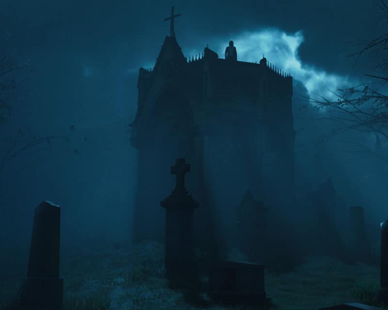 Vampire: The Masquerade game jam - na obrazku kadr z gry VTM: Bloodline 2. Przedstawia ponurą kryptę na cmentarzu.