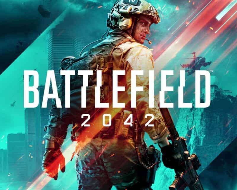 Grafika promująca grę Battlefield 2042, żołnierz patrzący przez ramię a przed nim tytuł gry, Battlefield 2042 negatywne recenzje