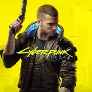 grafika promująca i okładka gry Cyberpunk 2077, prezentująca kanoniczny wygląd V, Cyberpunk 2077 najlepszy RPG nominacja. Grafika promocyjna gry „Cyberpunk 2077” przedstawiająca mężczyznę z krótkimi włosami w futurystycznej kurtce z podświetlanym kołnierzem. Postać trzyma w ręce pistolet oparty o ramię i patrzy w bok z poważnym wyrazem twarzy. Na żółtym tle widnieje stylizowane logo gry „Cyberpunk 2077”, a całość utrzymana jest w cyberpunkowym, futurystycznym klimacie.