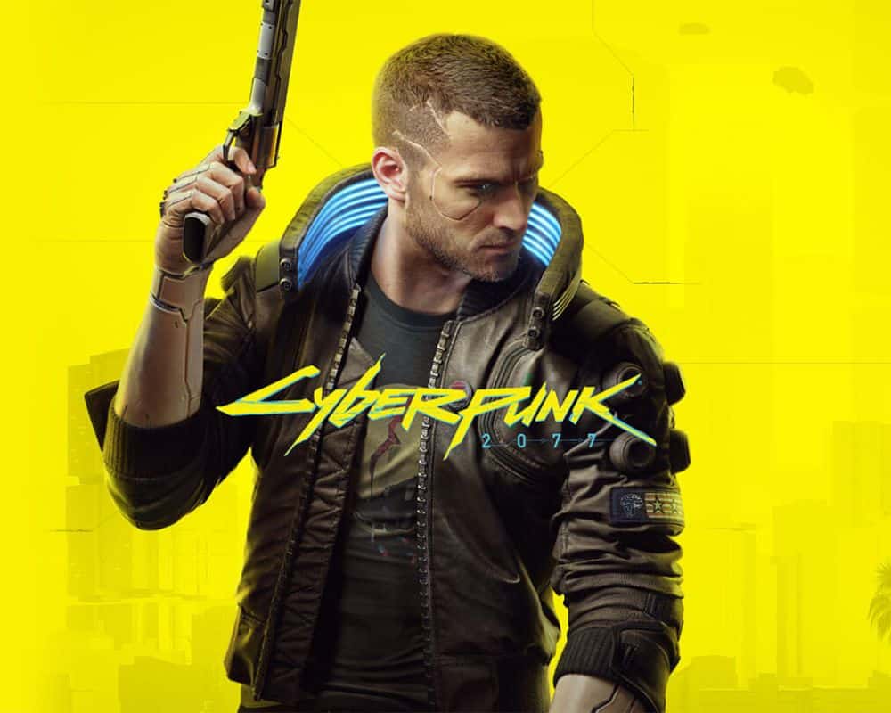 grafika promująca i okładka gry Cyberpunk 2077, prezentująca kanoniczny wygląd V, Cyberpunk 2077 najlepszy RPG nominacja. Grafika promocyjna gry „Cyberpunk 2077” przedstawiająca mężczyznę z krótkimi włosami w futurystycznej kurtce z podświetlanym kołnierzem. Postać trzyma w ręce pistolet oparty o ramię i patrzy w bok z poważnym wyrazem twarzy. Na żółtym tle widnieje stylizowane logo gry „Cyberpunk 2077”, a całość utrzymana jest w cyberpunkowym, futurystycznym klimacie.