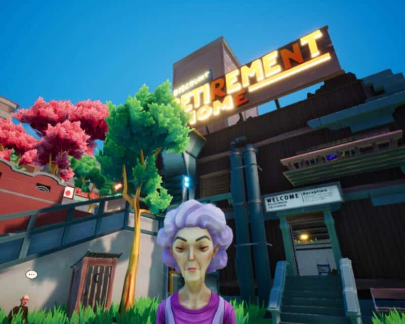 Recenzja gry Just Die Already – bohaterka, Lucky, na tle domu starców, screen z gry