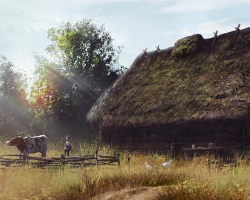 Recenzja Medieval Dynasty. Obrazek przedstawia drewnianą chatę ze słomianą strzechą, przed którą biegają gęsi i pasie się krowa.