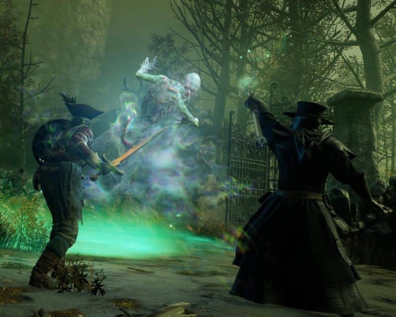 Screen z gry New World, dwójka bohaterów walcząca z potworem, New World spadek graczy