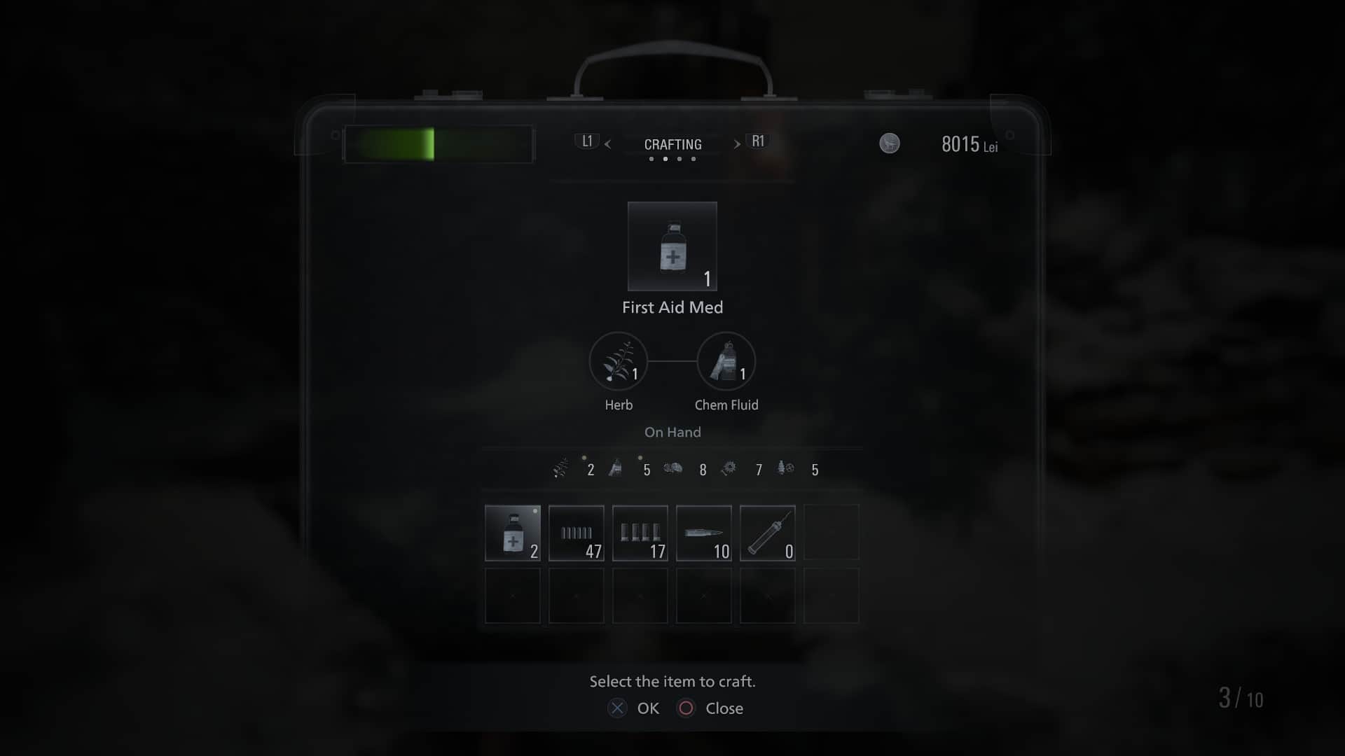 Widok na okno craftingu w ekwipunku Ethana