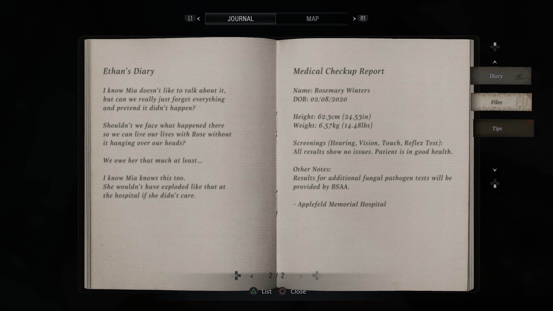 Resident Evil Village, widok na dziennik Ethana