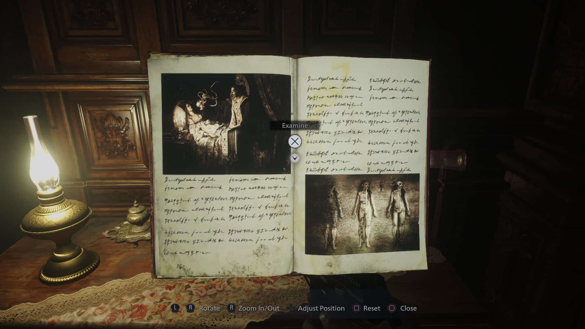 Resident Evil Village, strony księgi z dziwnymi rycinami