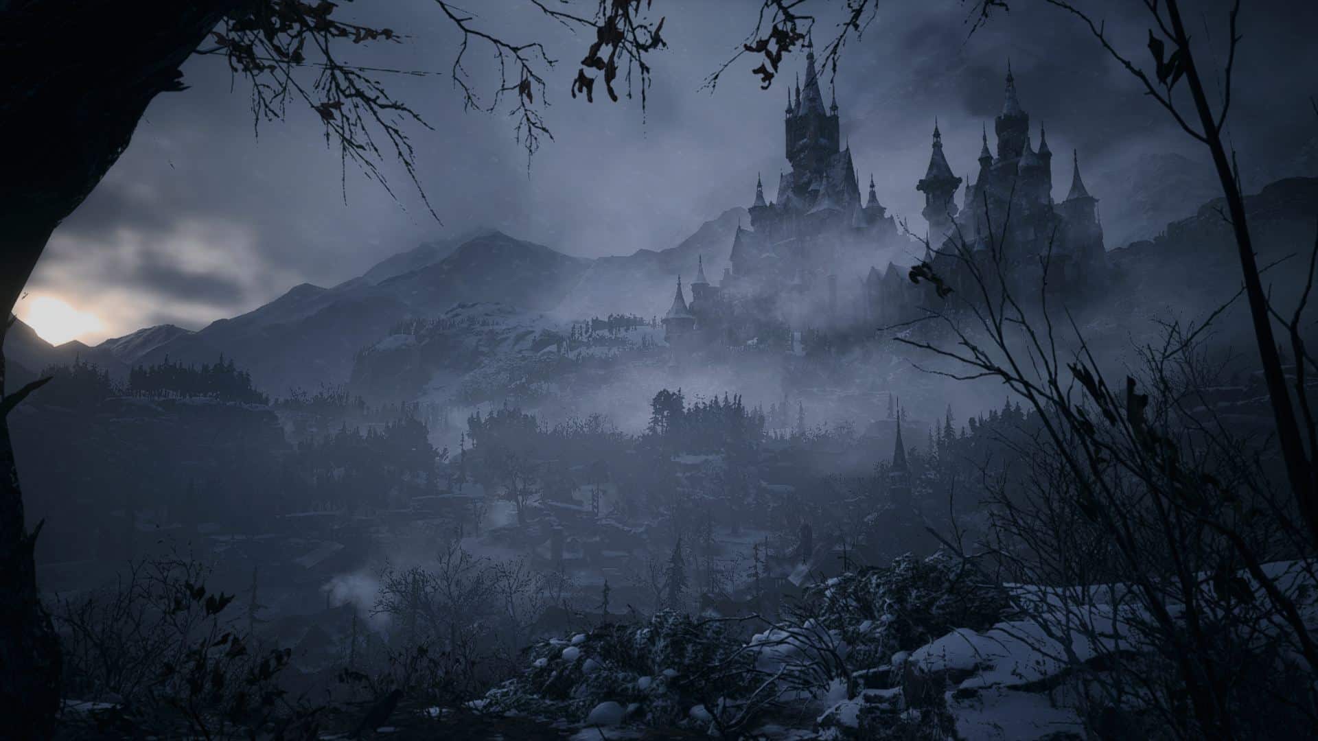 Resident Evil Village, widok na zamek Dimitrescu o wschodzie słońca