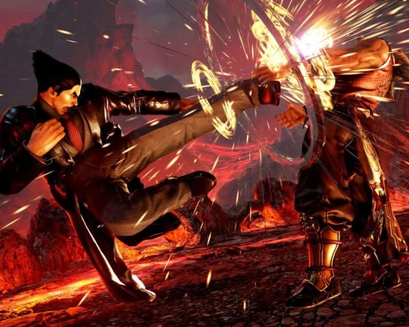 Screen z gry Tekken 7, dwóch walczących mężczyzn, lewy kopie prawego z całej siły, Tekken 7 Definitive Edition wysoka cena