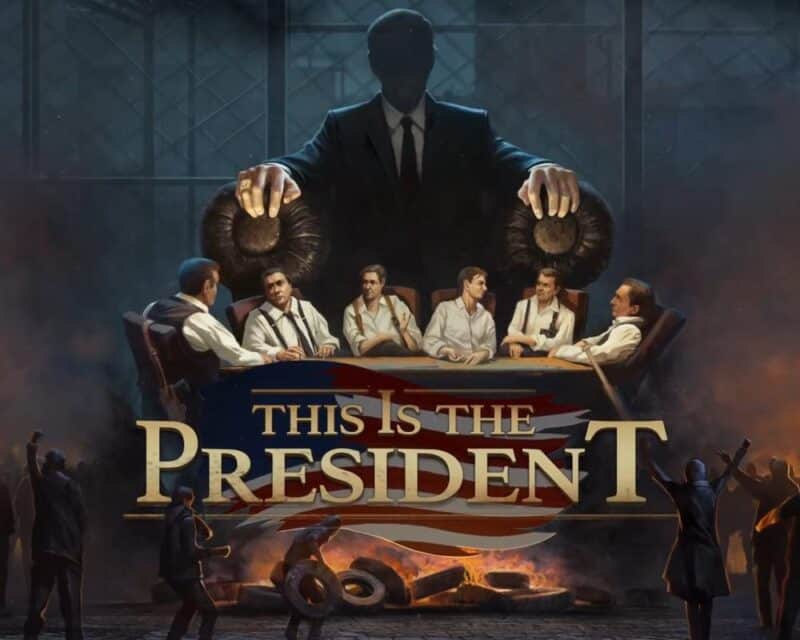 grafika promująca grę This is the President, sylwetka prezydenta na fotelu z zaciemnioną twarzą, przed nim doradcy ustalający coś, This is the President zapowiedź