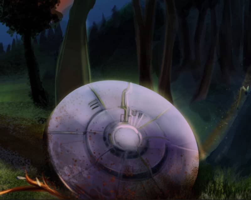 Plan B From Outer Space recenzja gry - na obrazku przedstawiono niezidentyfikowany obiekt latający, który rozbił się w lesie.