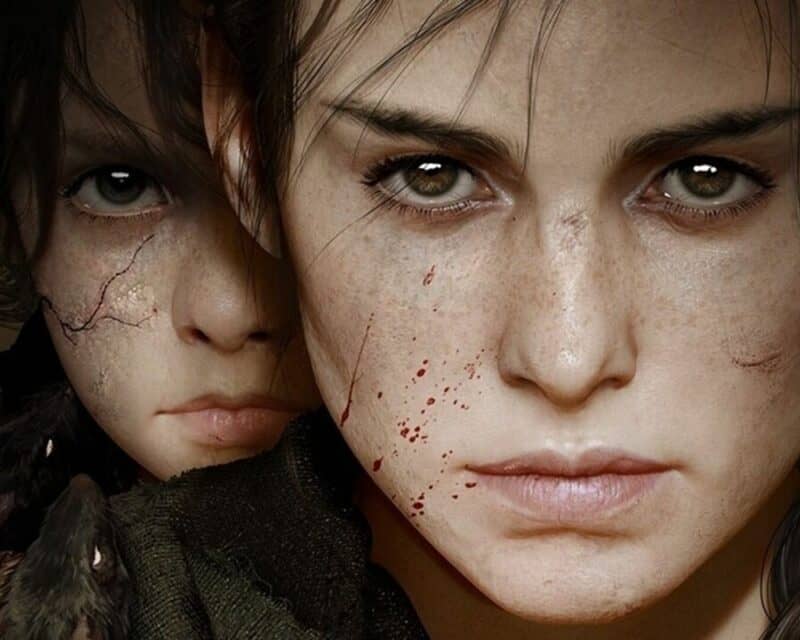 A Plague Tale Requiem obrazek promujący fragment gameplayu z gry, na obrazku dwie twarze, z przodu kobiety, a za nią ukryta twarz młodego chłopca