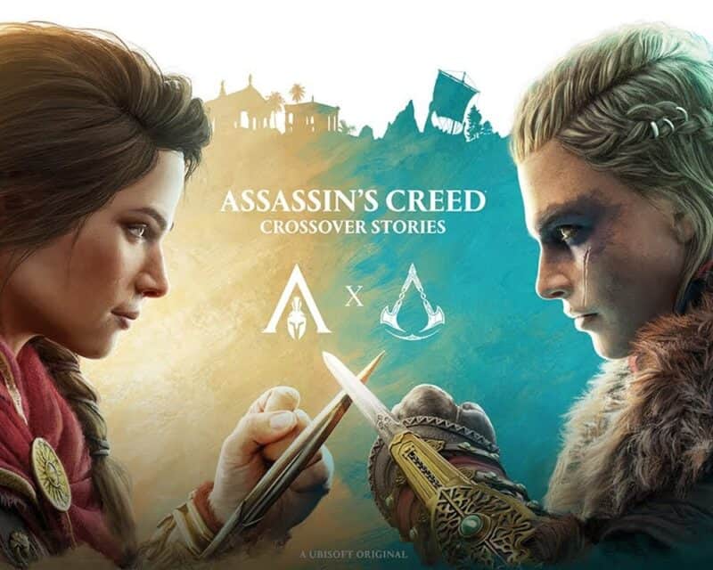 na plakacie dwa kolory: Zółty i niebieski, na żółtym jak piasek stoi grecka Kasandra z AC Odyssey, a na błękitnej - damska Eivor; plakatAssassin's Creed: Crossover Stories