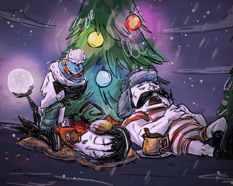 Don't Starve Together – plakat Wintersfeast i rework, jak działa Wolfgang, choinka, postacie, ciastka, bombki