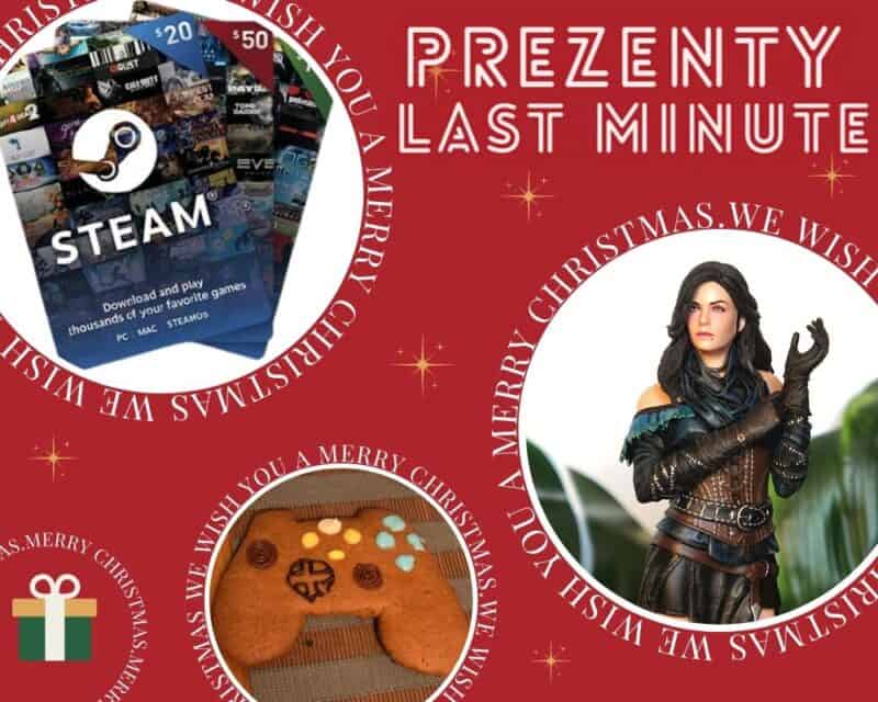 czerwone tło, w kolorowych kółkach kolejno bony Steam, figurka czarnowłosej Yennefer i piernikowe pady - obok napis prezenty last minute dla graczki i gracza
