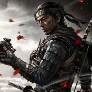 Grafika promująca grę Ghost of Tsushima, główny bohater patrzy na maskę w swojej dłoni, Ghost of Tsushima premiera pc
