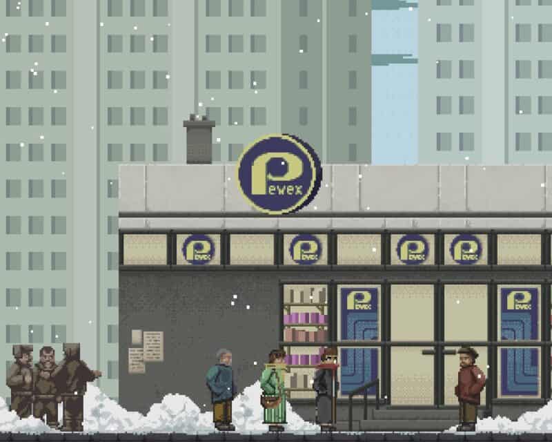 Screen z gry Martial Law, którą można zdobyć za damo na Steamie – piksele, Pewex, postacie, szare miasto