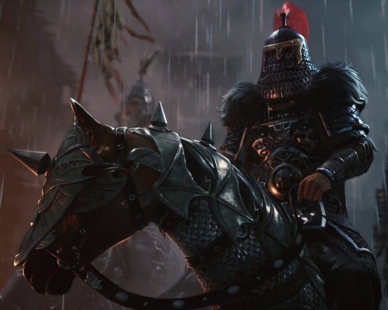 grafika albo screen z gry Myth of Empires, wojownik siedzący na koniu w zbroi, niedaleko płonie ogień, Myth of Empires powrót na Steam