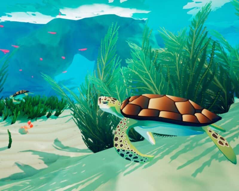 screen z gry Mythic Ocean, żółw na pierwszym planie płynący leniwie w lewo, z tyłu drugi żółw i krab, Mythic Ocean premiera PS4