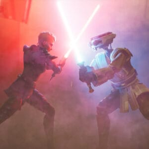 Rozgrywka Star Wars: Hunters zaprezentowana nowym materiale z gry. Kadr pochodzi ze zwiastunu. Dwie postacie krzyżują miecze świetlne.