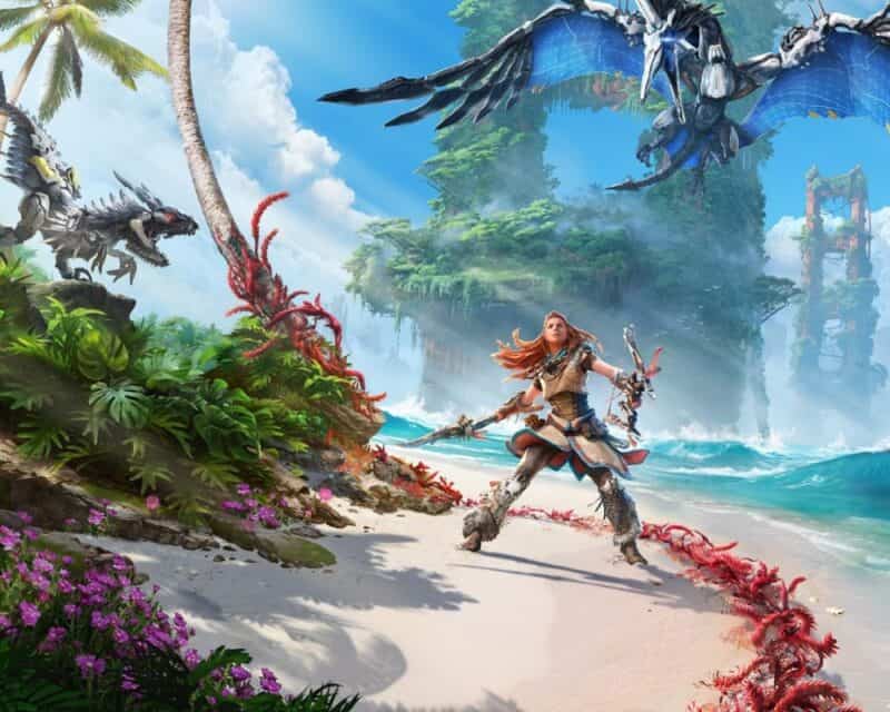 Grafika promująca grę Horizon Forbidden West, Aloy uzbrojona i patrząca do góry na mechanicznego ptaka, w tle inny mechaniczny potwór, TGA 2021 Horizon Forbidden West nowe materiały