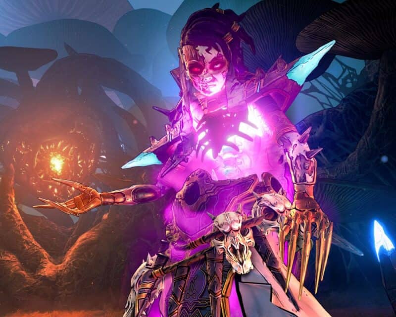 Grafika z gry Tiny Tina's Wonderlands, uzbrojona postać jarząca się na fioletowo, w ręce migocze jej kula energii, TGA 2021 Tiny Tina's Wonderlands nowy trailer