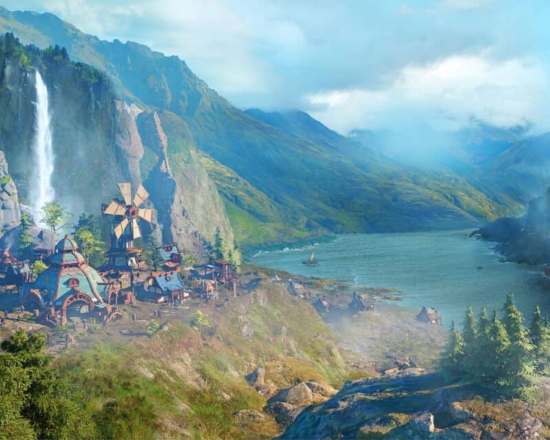 Grafika promująca grę The Settlers 8, osada nad jeziorem i w cieniu gór, The Settlers 8 nowe informacje