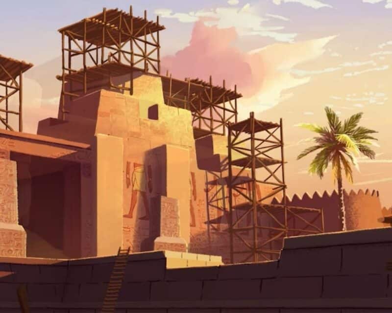 urywek z nowego zwiastunu Pharaoh A New Era, zwiastun przedstawia widok na wejście do egipskiego miasta z budynkiem z piaskowca, na tle nieba o wschodzie słońca