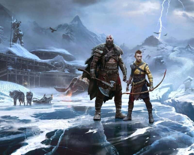 na grafice stoi Kratos z synem na tle zimowego krajobrazu i nieba przeciętego błyskawicą, po lewej stronie stano wilków, ojciec z synem stoją na spękanym lodzie, wokół śnieg, syn trzyma łuk, a ojciec topór,, Kratos god of war ragnarok data premiery