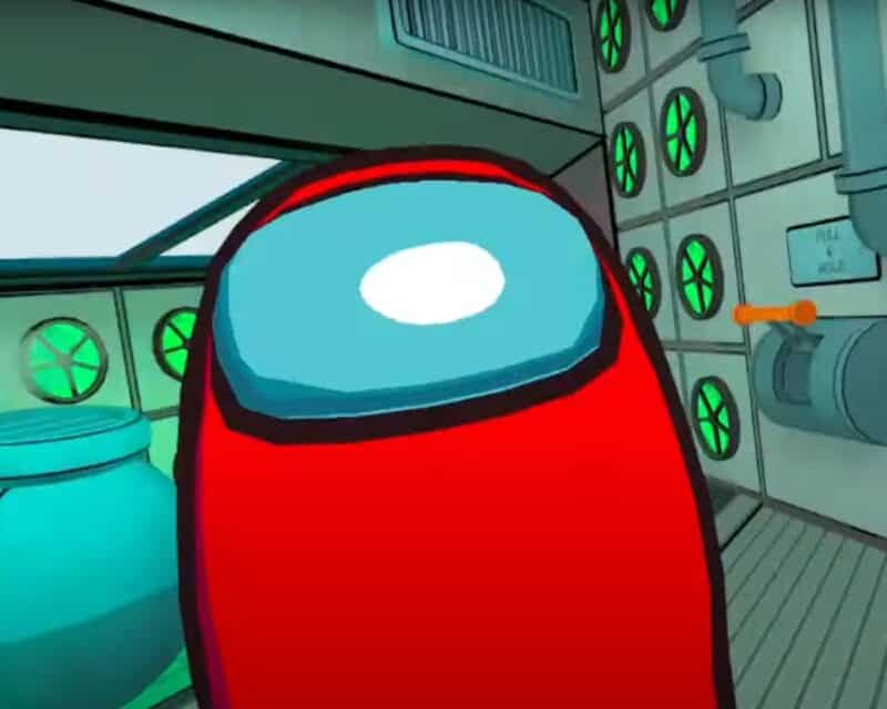 czerwony bezkształtny ludek w skafandrze na pokładzie statku kosmicznego w Among Us, gra w wirtualnej rzeczywistości