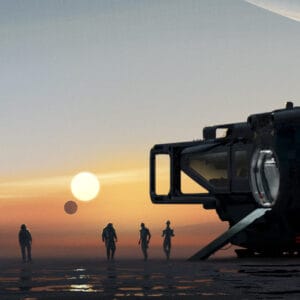 Mass Effect 4 powstanie na silniku Unreal Engine 5. Na obrazku w kierunku zachodzącej gwiazdy kierują się cztery postacie. Jedna z nich prawdopodobnie jest Angarem.