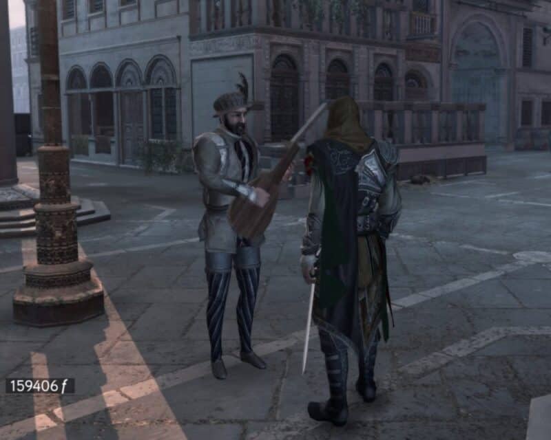 Screen z Assassin's Creed II – uliczny grajek, Ezio