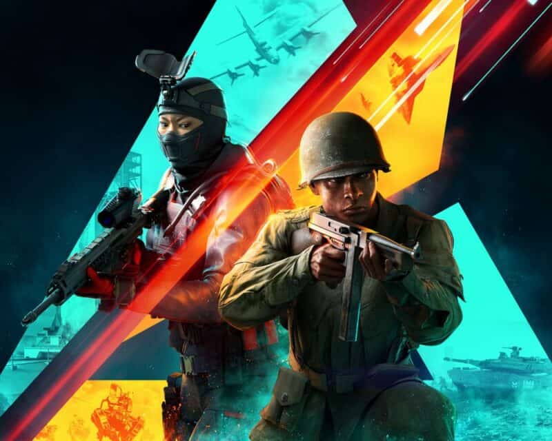 grafika promująca grę Battlefield 2042, na niebieskim tle żołnierz z przodu i agentka specjalna z tyłu, przedzieleni żółto-czerwoną strzałą, Battlefield 2042 toksyczny Reddit