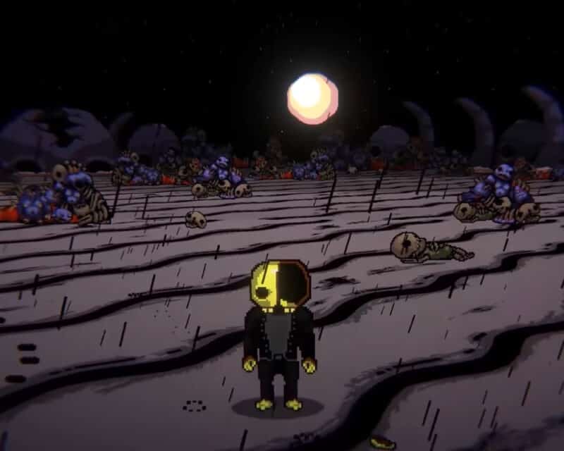 Zwiastun Brutal Orchestra rozpoczyna się od przybudzenia bohatera w czyśćcu. Na obrazku widzimy postać stojącą pośrodku makabrycznego pustkowia, pada deszcz.