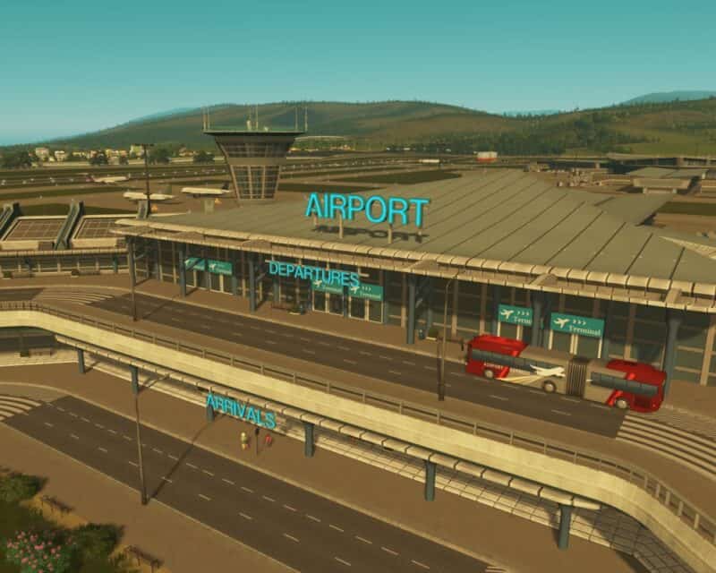 Dodatek do Cities: Skylines Airports – screen z gry, widok z góry, lotnisko, pas startowy