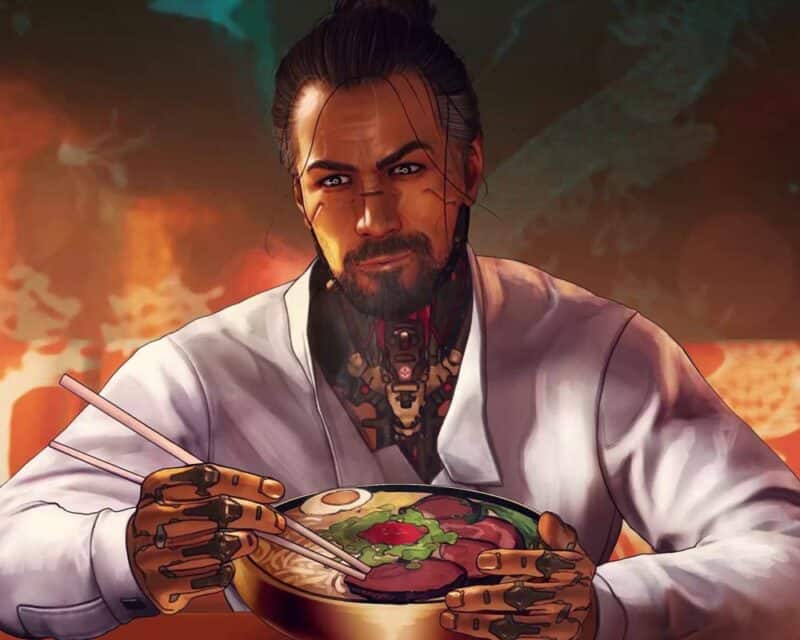 screen z gry Cyberbang 2069, Goro Takemura w białej koszuli jedzący ramen i patrzący z uśmieszkiem na naszą postać, której nie widać, Cyberbang 2069 symulator Cyberpunk 2077