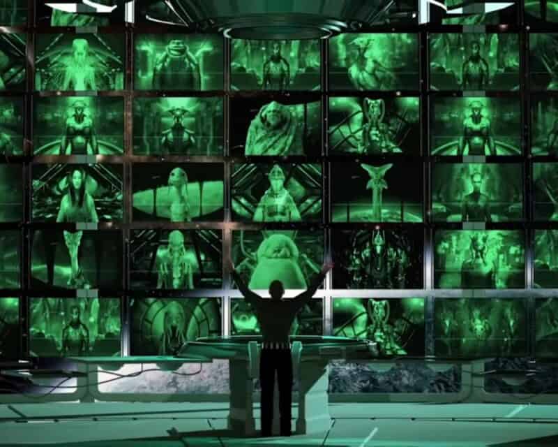 grafika promująca grę Galactic Civilizations III, ogromna ściana paneli łącząca przedstawicieli róznych ras z całej galaktyki a tyłem do nas mężczyzna trzyma uniesione w górę ręce, Galactic Civilizations III za darmo Epic