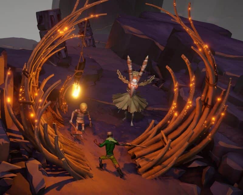 Screen z Gods Will Fall (gry do pobrania za darmo z Epic Games Store w tym tygodniu) – rysunkowe postaci, walka, brama